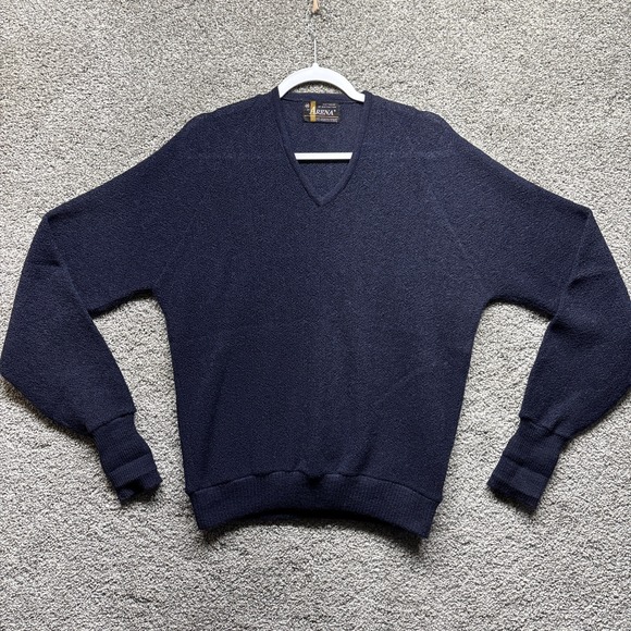 Vintage 60s Knitwear By Arena Sweater Mens M Two-Ply Peruvian Alpaca V Neck Blue